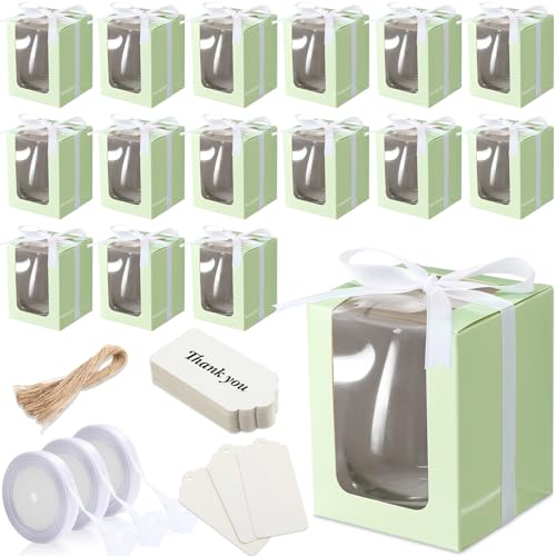 Fulmoon 50 Pack Gift Boxes for Wine Glass Transparent Gift 9 oz Stemless Glass Paper Packaging Box with Ribbon Tag Hemp Rope for Wedding Bridal Shower Baby Shower Birthday(Sage Green) - color: Pastel Green