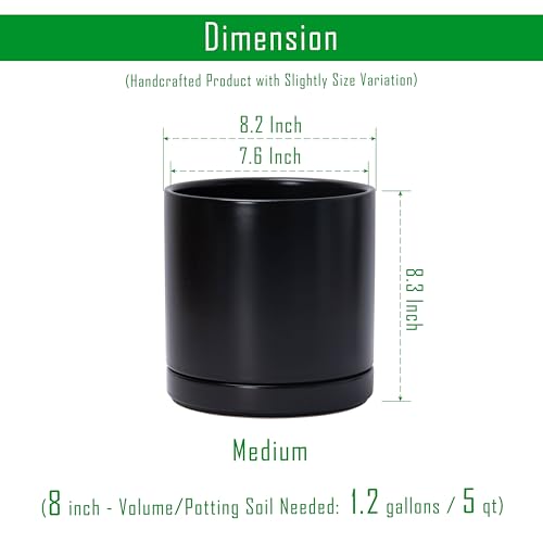 D'vine Dev 8.2 Inch Ceramic Planter Pot, Black, 94-O-D-2 | Modern Cylinder Design, Drainage Hole & Saucer Included, Stable Structure, Elegant Home Accent - color: Black, size: Medium