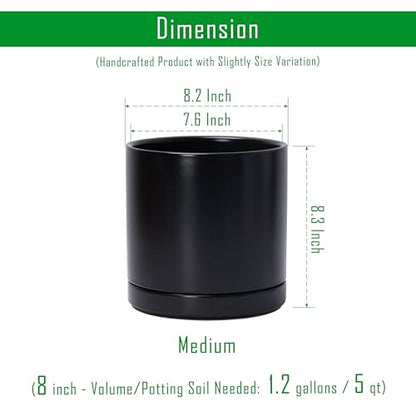 D'vine Dev 8.2 Inch Ceramic Planter Pot, Black, 94-O-D-2 | Modern Cylinder Design, Drainage Hole & Saucer Included, Stable Structure, Elegant Home Accent - color: Black, size: Medium
