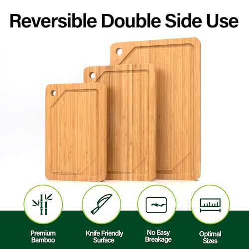 Bamboo Cutting Board Set of 3, Cutting Boards For Kitchen with Juice Groove, Bamboo Chopping Board Set, Serving Board Set for Meat, Vegetable and Cheese - color: Bamboo Set of 3 with Hole