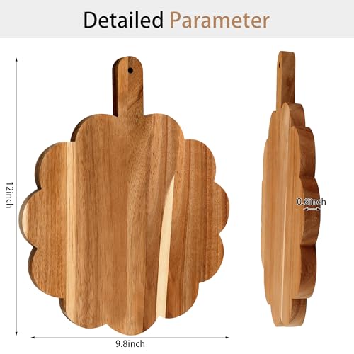 Scalloped Cutting Board with Handle, Acacia Wood Decorative Cutting Board | Round Kitchen Chopping Boards for Pizza, Bread, Cheese, Fruits, Vegetables, 12 x 10 x 0.63 Inch