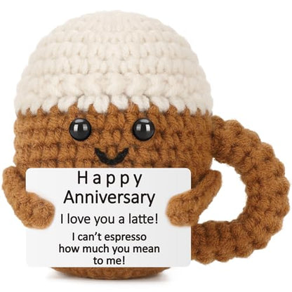 Xinezaa Mini Christmas Anniversary Crochet Coffee Gifts for Wife Husband | Birthday Gifts for Girlfriend Boyfriend Couples Coffee Lover, Cute Handmade Crochet, Valentine Romantic I Love You Desk Decor - style: Anniversary