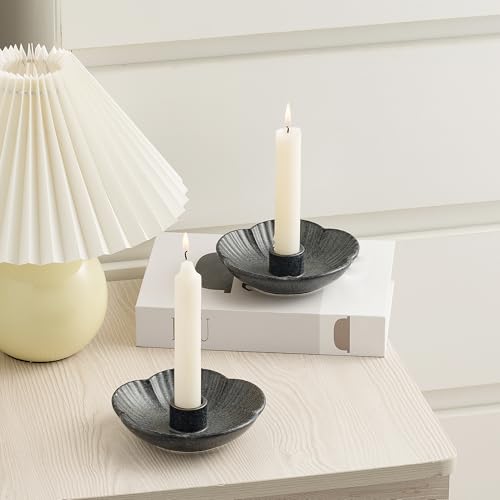 Ceramic Taper Candle Holder, 4.72 in Polished Round Base Tray | Use with incense or palo santo to create a calm tabletop setting for dinners, meditation or seasonal displays. - color: Black