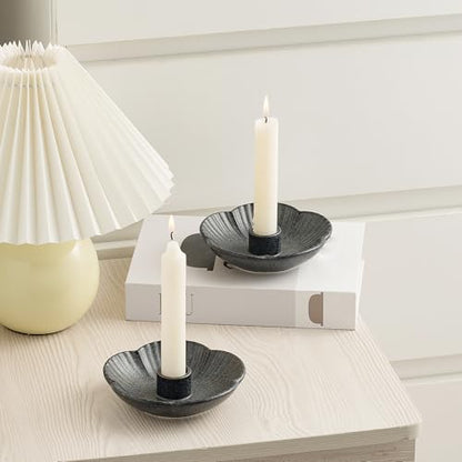 Ceramic Taper Candle Holder, 4.72 in Polished Round Base Tray | Use with incense or palo santo to create a calm tabletop setting for dinners, meditation or seasonal displays. - color: Black
