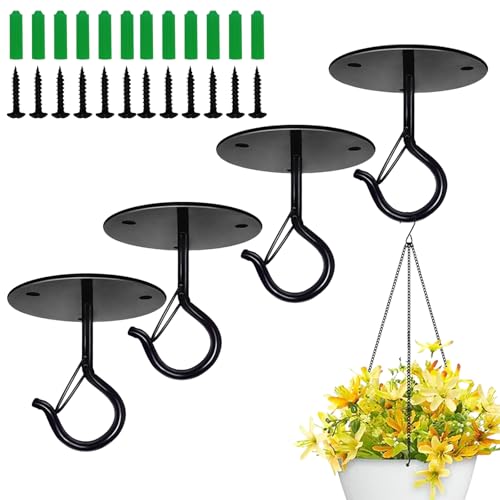 4 Pcs Black Ceiling Hooks for Hanging Plants Holder with Safety Buckle,Ceiling Decor Hook Heavy Duty,Metal Plant Hanger Indoor&Outdoor.Hooks for Hanging Plants,Wind Chime,Bird Feeders (Black) - color: Black, size: 4 Pieces