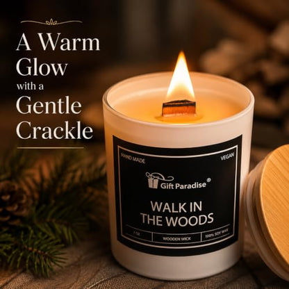 Gift Paradise® Walk in the Woods Soy Candle, 7 oz, Magnetic Gift Box | 7 oz soy candle with a wooden wick, bamboo lid and crisp eucalyptus, pine, smoky wood and tonka bean fragrance