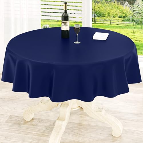 Round Navy Blue Vinyl Waterproof Tablecloth with Flannel Backed | Spillproof Wipe Clean Table Cloth, Plastic Flannel Backing for Dining, Buffet Parties Picnic Camping, 60" - color: Navy Blue, size: 60" (Round)