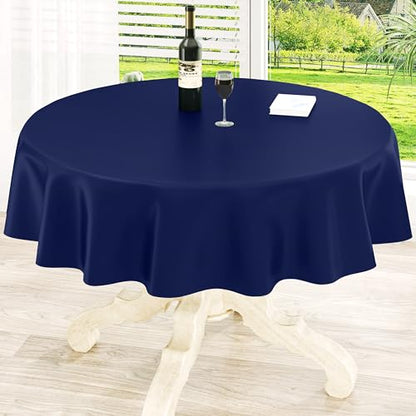 Round Navy Blue Vinyl Waterproof Tablecloth with Flannel Backed | Spillproof Wipe Clean Table Cloth, Plastic Flannel Backing for Dining, Buffet Parties Picnic Camping, 60" - color: Navy Blue, size: 60" (Round)