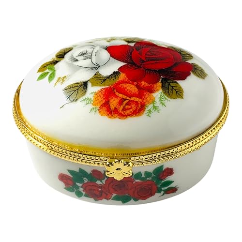Tiny Oval Porcelain Trinket Box | Rose Bouquet | French Style Gift Box with Velvet Bag - style: Rose Bouquet Oval