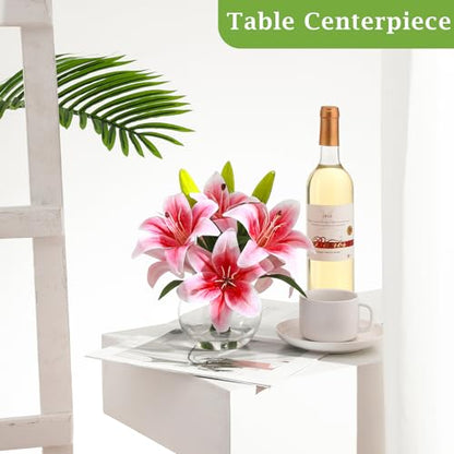 Artificial Tiger Lily Arrangement in Glass Vase, Realistic Touch Silk Flowers, FakeLilies with Faux Water - color: Light Pink