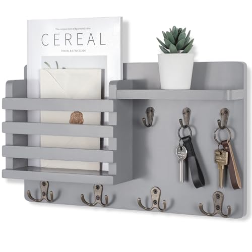 Nekon Mail Holder for Wall, 16.8 Inch Mail Organizer, Gray | 16.8Inch x 10Inch x 3.2Inch, with 7 Key Hooks, Hallway Farmhouse Decor, Storage Racks with Floating Shelf and Mount Hardware - color: Gray