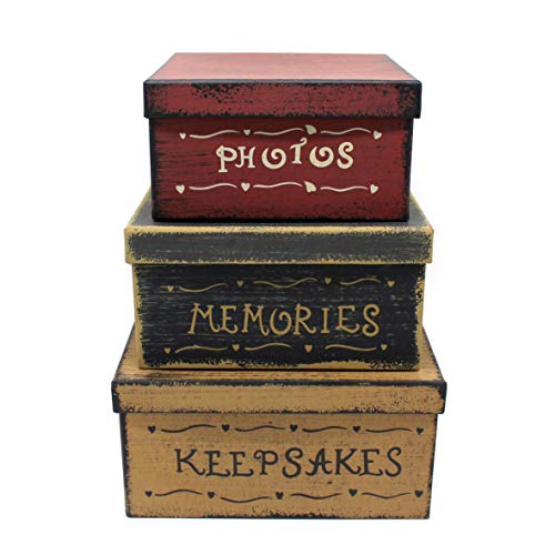 Primitive Vintage Square Photos, Memories, Keepsakes Cardboard Nesting Boxes, Large 9 X 9 X 4-1/2 Inch. Set of 3. - color: Photos, Memories, Keepsakes, size: 9" X 9" X 4-1/2"H