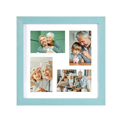 Rustic Solid Wood Square Collage Photo Frame 12x12 inch – Display Four (4) 4x6 inch Pictures with Mat Wall Hanging Tabletop - Blue - color: Blue