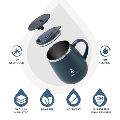 Ideus 16 oz Insulated Coffee Mug with Handle and Lid, Double Wall Stainless Steel Vacuum Thermal Coffee Mug, Travel Coffee Cup Thermal Cup for Home and Office (Navy Blue 2.0, FUJI DAWN) - color: Navy Blue 2.0