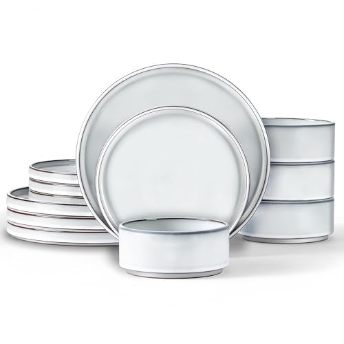 LIANYU 12 Piece Dinnerware Dishes Sets for 4, Stoneware Plates and Bowls | Ceramic Dishware Set for Pasta Dessert Cereal, Rustic Terracotta Bottom, Microwave & Dishwasher Safe, Lucent White - color: Lucent White