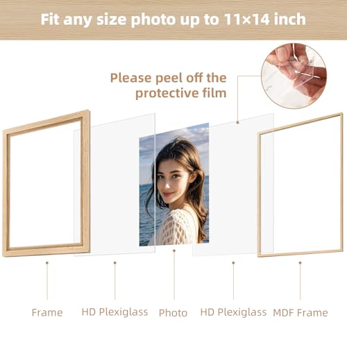 11x14 Floating Picture Frames Set of 2, Natural | Double HD Plexiglass Floating Frame Display Any Size Picture up to 11x14, Tabletop or Wall Hanging - color: Natural