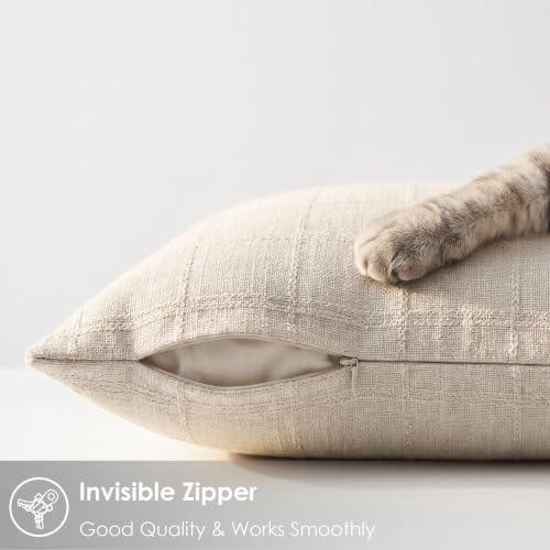 Linen Burlap Textured Pillow Covers 20x20 Inch Beige Set of 2 | Plaid Pillow Covers with Hidden Zipper,Soft Farmhouse Cushion Covers for Couch Sofa Living Room Bedroom,Machine Washable - color: Beige, size: 20" x 20" (Pack of 2)