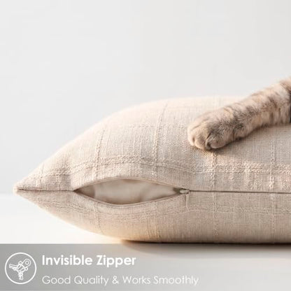 Linen Burlap Textured Pillow Covers 20x20 Inch Beige Set of 2 | Plaid Pillow Covers with Hidden Zipper,Soft Farmhouse Cushion Covers for Couch Sofa Living Room Bedroom,Machine Washable - color: Beige, size: 20" x 20" (Pack of 2)