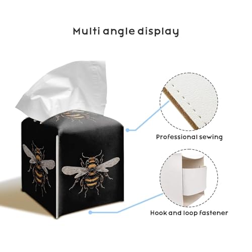 Bee Artwork PU Leather Tissue Box Cover 5.2 in | Bee insect artwork design; 5.2-inch premium PU tissue box cover with hand-stitched look and removable liner. - color: Bee