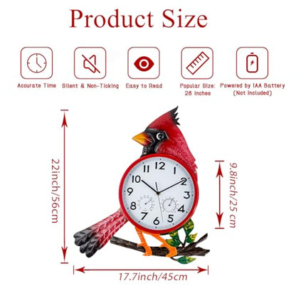 Large Outdoor Clock with Thermometer & Humidity | Silent Non-Ticking, Cardinal Outdoor Wall Clock for Patio, Garden, Kitchen, Living Room, Red - style: Cardinal-Red