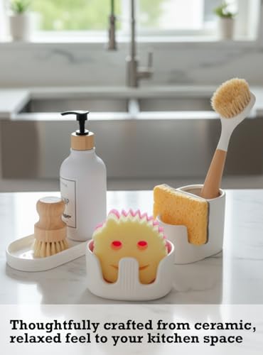 Ceramic Sponge Holder, 2-Slot Dish Sponge Holder for Kitchen Sink, Keeps Sponges Dry & Countertop Clean, Rust-Free & Dishwasher Safe, Stylis Design, Modern White - size: Dual