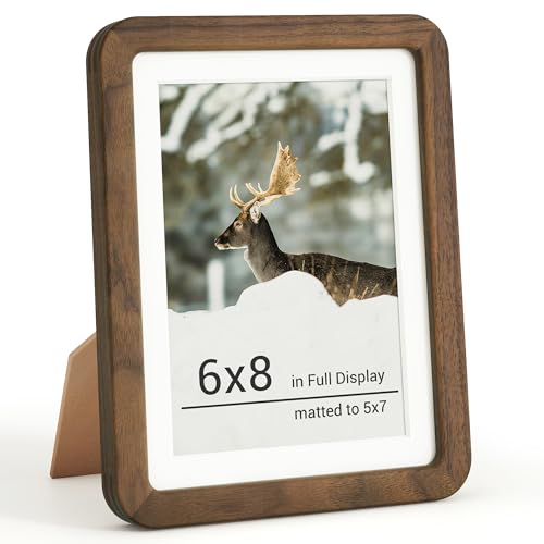 RICHFOCUS 6x8 Picture Frame, Solid Walnut Wood Photo Frame with Double Tenon Rounded Corner & Chamfered Curved Edge, 6 by 8 Wooden Frame Matted to 5x7 Photos, Diploma Certificate Document Frame - color: Walnut, size: 6x8
