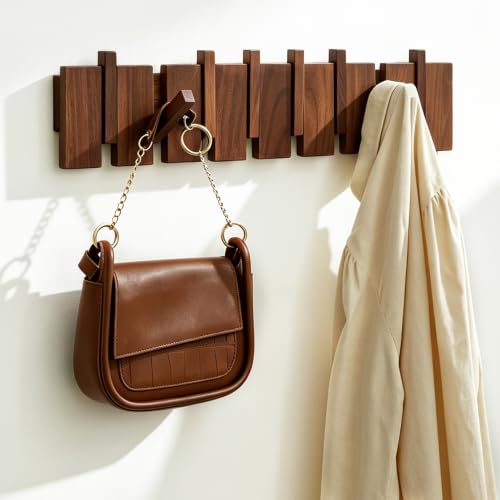 Wood Coat Rack Wall Mount, Coat Hooks Hanger Wall Mounted, Heavy Duty Wall Coat Rack with 8 Hooks for Hanging Coats/Keys/Hats/Robe&Towels/Plants/Bags, Walnut - size: 8 Hooks