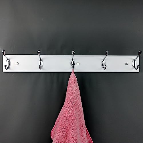 Wooden Wall Mounted Coat Rack – 24 Inch (60cm), White with 5 Silver Hooks for Entryway, Hallway, Bedroom - size: Medium-23.6in(60cm),5 Silver Hooks, style: Modern