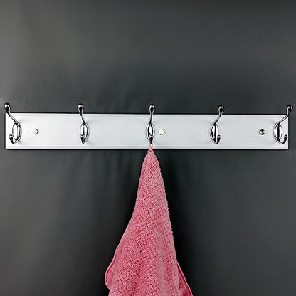 Wooden Wall Mounted Coat Rack – 24 Inch (60cm), White with 5 Silver Hooks for Entryway, Hallway, Bedroom - size: Medium-23.6in(60cm),5 Silver Hooks, style: Modern
