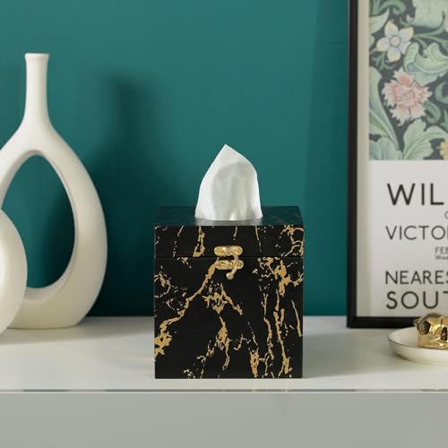Black and Gold Marble Tissue Box Cover for Kleenex Box, Modern Elegant Tissue Box Holder with Lock for Bathroom, Bedroom, and Living Room, Square Shape Toilet Tissue Holder Organizer - color: Black Marble