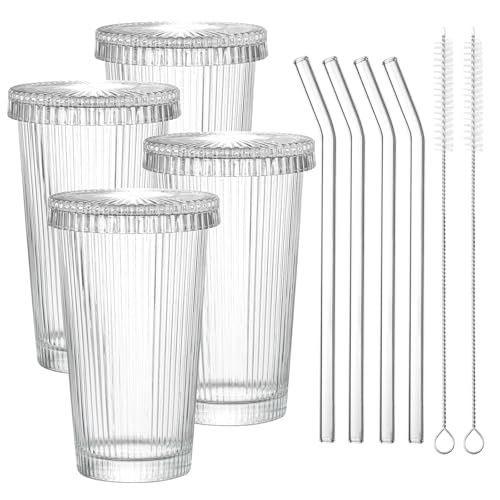 Drinking Glasses Set of 4,Ribbed Cocktail Glasses Set,Origami Style Water Glass Cups with Lids,Straws and 2 Straw Brushes for Iced Coffee, Juice,Smoothie