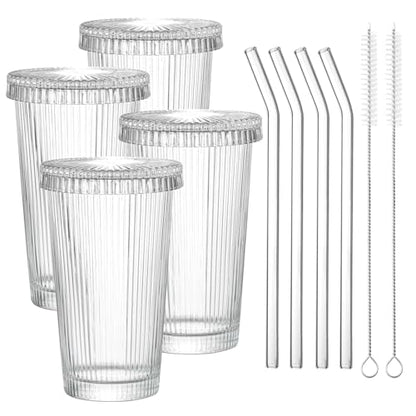 Drinking Glasses Set of 4,Ribbed Cocktail Glasses Set,Origami Style Water Glass Cups with Lids,Straws and 2 Straw Brushes for Iced Coffee, Juice,Smoothie