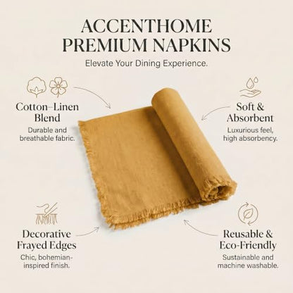 ACCENTHOME Mustard Cotton Linen Napkin Set of 6 18x18 inch Dinner Napkins - Washable Soft Premium Hotel Quality Reusable Napkins Perfect Table Napkins for Family Dinners, Weddings & Everyday Use | Cotton Linen Blend Napkins, Machine Wash On Gentle Cycle,