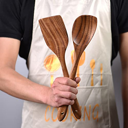 Gudamaye 13 inch Long Wooden Utensils for Cooking, Long Handle Wooden Spoons for Cooking, 7 PCES Crafting Wooden Spoon Set, Wooden Kitchen Utensil set, Natural Teak Wooden utensil Set - size: 7 PCS Long Handle