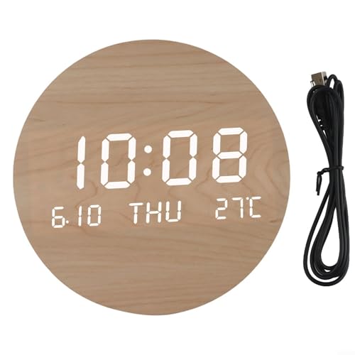 Wooden Silent Non-Ticking Wall Clock, Wood Moon Cordless Aesthetic Modern Alarm, Large LED Digital Round Clock for Living Room Bedroom -Display With Date,Temperature&Calendar(Brown Rechargeable) - size: Brown Rechargeable