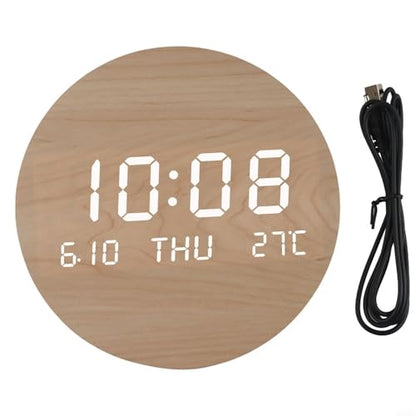 Wooden Silent Non-Ticking Wall Clock, Wood Moon Cordless Aesthetic Modern Alarm, Large LED Digital Round Clock for Living Room Bedroom -Display With Date,Temperature&Calendar(Brown Rechargeable) - size: Brown Rechargeable