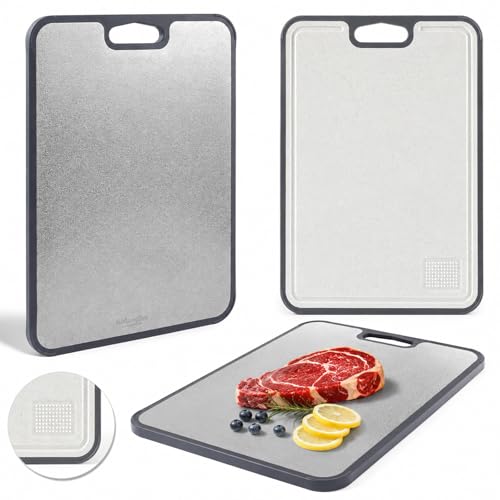 Double Sided Titanium Cutting Board for kitchen | Reversible Non-Toxic Chopping Board, Non-Slip Feet & Juice Groove, Grater Zone, Quick-Rinse Cleanup, 16"x11"