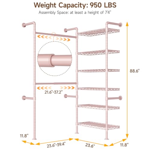 L2 Wall Mounted Closet System, Industrial Pipe Clothing Rack, Pink | Metal Clothes Rack with 2 Telescopic Rods & 6 Shelves, Heavy Duty Closet Organizers for Wardrobe, Reach-in & Walk-in Closets - color: Pink