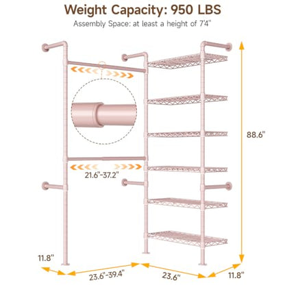L2 Wall Mounted Closet System, Industrial Pipe Clothing Rack, Pink | Metal Clothes Rack with 2 Telescopic Rods & 6 Shelves, Heavy Duty Closet Organizers for Wardrobe, Reach-in & Walk-in Closets - color: Pink