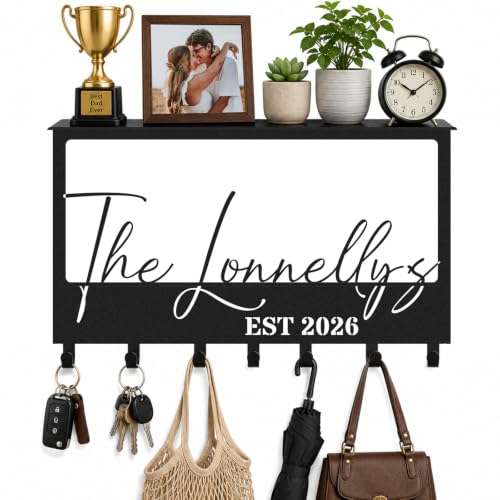 Custom Metal Name Key Holder with Shelf, Coat Rack for Women | Personalized Family Name Wall Mount Key Holder, Coat Rack Organizer for Family Parents, Custom Wedding Gift - color: Color 04