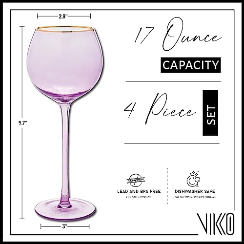 Vikko Lilac Wine Glasses, 17 Oz, Set of 4 Stemmed Glasses with Gold Rim, Perfect for Red & White Wine