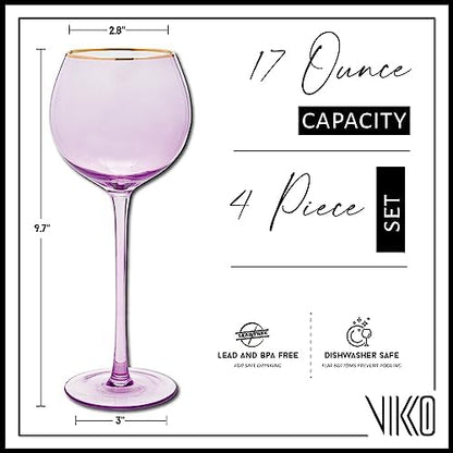 Vikko Lilac Wine Glasses, 17 Oz, Set of 4 Stemmed Glasses with Gold Rim, Perfect for Red & White Wine