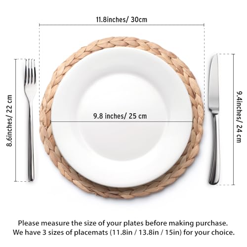 YANGQIHOME 6 Pack, Round Woven Placemats, Natural Water Hyacinth Wicker Place mats, Braided Straw Table Mats, Charger Plates for Dining Table, Fall, Thanksgiving, Christmas (11.8 inch) - size: 11.8 inch (Set of 6)