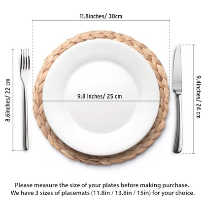 YANGQIHOME 6 Pack, Round Woven Placemats, Natural Water Hyacinth Wicker Place mats, Braided Straw Table Mats, Charger Plates for Dining Table, Fall, Thanksgiving, Christmas (11.8 inch) - size: 11.8 inch (Set of 6)