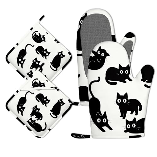 Oven Mitts and Pot Holders Cute Black Cat Silicone Kitchen Accessories Set of 4 Heat Resistant Gloves Potholder Non-Slip Grip for Chef Cooking Baking Grilling BBQ - color: Cute Black Cat