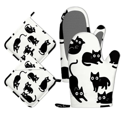 Oven Mitts and Pot Holders Cute Black Cat Silicone Kitchen Accessories Set of 4 Heat Resistant Gloves Potholder Non-Slip Grip for Chef Cooking Baking Grilling BBQ - color: Cute Black Cat