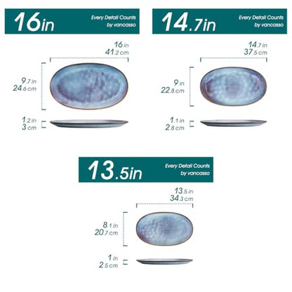vancasso Ceramic Serving Platters Set of 3, Oval 16/14.7/13.5 Inch Stoneware Serving Dishes for Entertaining, Microwave Safe Serving Trays for Food, Turkey, Cheese, Party, Reactive Glaze Blue - color: Blue
