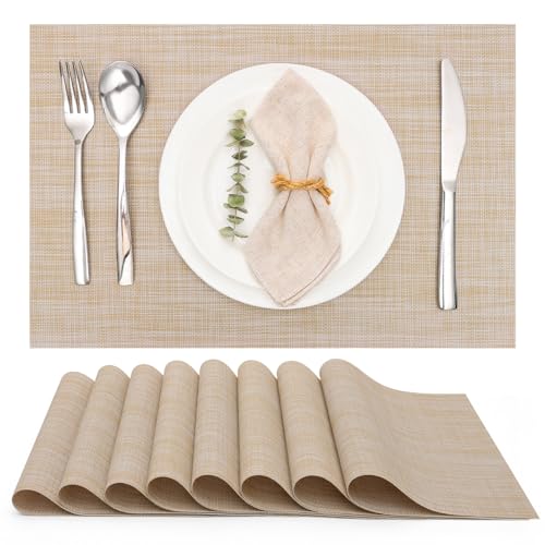 Myir JUN Placemats Set of 8 Kitchen and Dining Table Placemats | Vinyl Placemats Place Mats Indoor/Outdoor Set of 8 Washable Table Mats Non-Slip Place mats for Dining Table, Beige - color: A-beige, size: Set of 8
