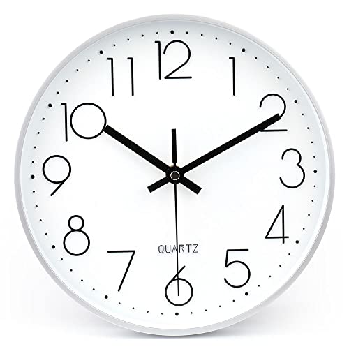 10 Inch Silver Wall Clock Battery Operated Silent & Non-Ticking Wall Clock for Home Office Bathroom - color: Silver, size: 10 Inch