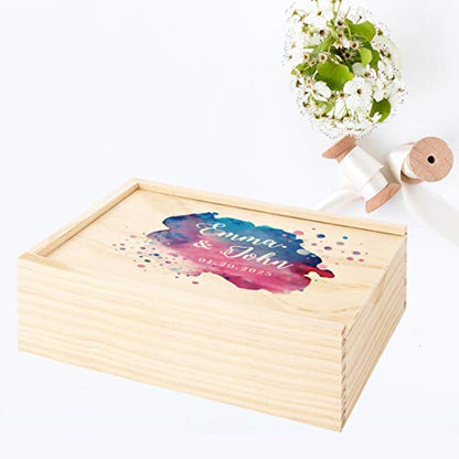 Koyal Wholesale Custom Watercolor Splatter Wedding Keepsake Box, 4 x 6 -inch, Custom Name, Date, Natural Wood - color: Watercolor Splatter